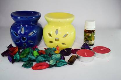 Bright Shop Ceramic Aroma Air Freshner Tea Light Diffuser Combo Pack of 2( Blue & Yellow Colour) Floral Fragrance (10ML) & 2 Candles Diffuser Set