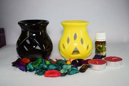 Bright Shop Ceramic Aroma Air Freshner Tea Light Diffuser Combo Pack of 2( Black & Yellow Colour) Leaf Cut Floral Fragrance (10ML) Diffuser Set