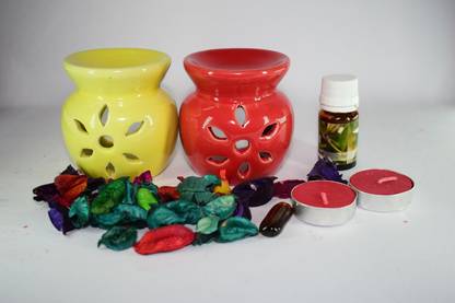 Bright Shop Ceramic Aroma Air Freshner Tea Light Diffuser Combo Pack of 2( Yellow & Red Colour) Floral Fragrance (10ML) & 2 Candles Diffuser Set