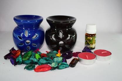 Bright Shop Ceramic Aroma Air Freshner Tea Light Diffuser Combo Pack of 2( Blue & Black Colour) Floral Fragrance (10ML) & 2 Candles Diffuser Set