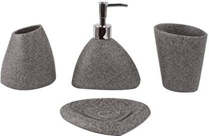 Ez Life Premium 4 Pcs Bathroom Set Sand Effect Soap Dispenser Soap Tray 2 Holders Home Decor Bathroom Accessories Stoneware Grey Stoneware Bathroom Set Price In