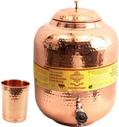 Rastogi Handicrafts pure copper Hammered water storage Tank Brown pot 4 liter capacity with Tumble and Copper Bottle 