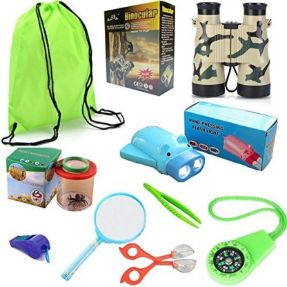 Backpack Alpha X 15-in-1 Kids Outdoor Exploration Adventure Play Set w/ Explorer Gears Compass & Magnifying Glass Butterfly Net Bug Catcher Nature KIT Binoculars Childrens Flashlight Container 