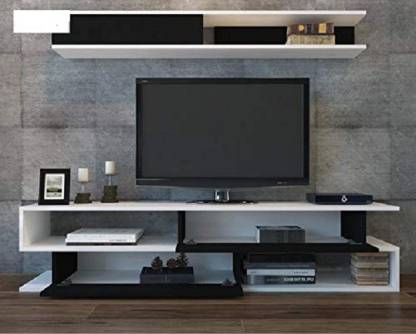 Heera Moti Corporation Tv Stand And One Long Wall Shelf Set White Black Colour - Black Tv Stand Wall Shelf