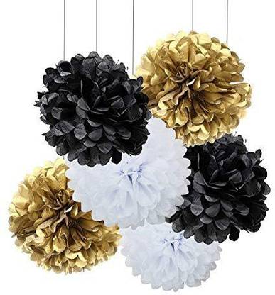 Genrc 18pcs Black And White Gold Craft Tissue Paper Pom Poms Kit Hanging Decorations Ceiling Hangs Wall Decor Tissue Paper Flowers Balls Wedding Party Favors Baby Shower Decorations 18pcs Black And