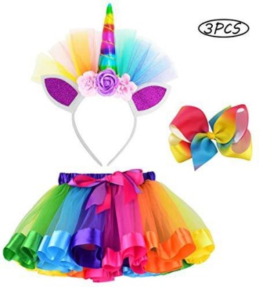 LYLKD Little Girls Layered Rainbow Tutu Skirts with Unicorn Horn Headband 