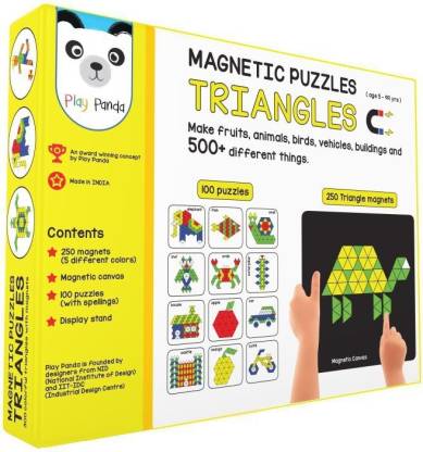 PLAY PANDA Magnetic Puzzles - Triangles with 250 colorful magnets, 100 puzzle book, Magnetic board and Display stand