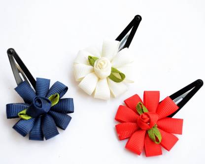 Pretty Ponytails Set of 3 Ribbon and Rose Flower Hair Clip Red White Navy Blue Tic Tac Clip