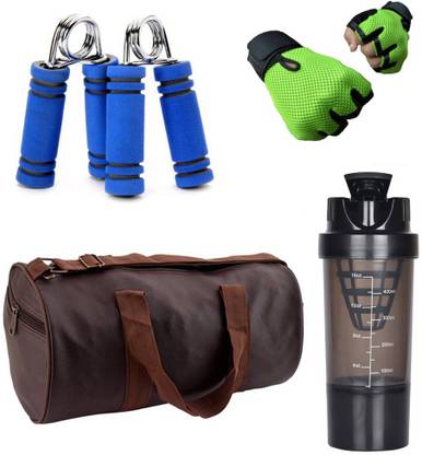 Rocket Sales Combo Of Leatherite (Brown) Gym Bag, Gloves (Green