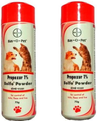 Bayer Bay .O.Pet , propoxur 1 % Bolfo powder for control of ticks , fleas and lice , Allergy Relief , Anti-dandruff , Anti-fungal , Anti-itching, Anti-microbial , Anti-parasitic , Flea and Tick , Hypoallergenic , remove Tick , flea and lice powder combo pack of 2 . 75 ml Pet Coat Cleanser