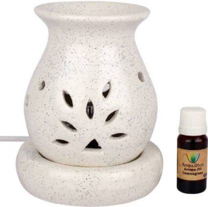 Lyallpur Stores Ceramic Electric Aroma Diffuser White Colour Leaf Cut Design WIth Lemongrass Fragrance Oil ( 10 ML) Diffuser Set