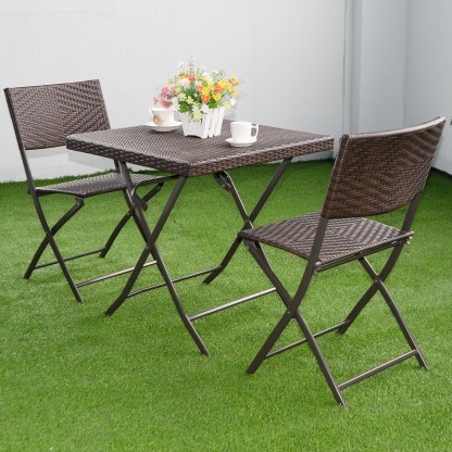 Steel Frame Outdoor Indoor Foldable Table and Chairs for Backyard Garden VINGLI Oshion 3 Pieces Folding Rattan Patio Bistro Set Wicker Patio Furniture Set Black 