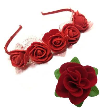 Maahal Pack of Red Rose Hair Band/ Tiara Designed and Fabric Red Rose Flower Hair Clip | Hair Accessories for Girls/Women Hair Accessory Set
