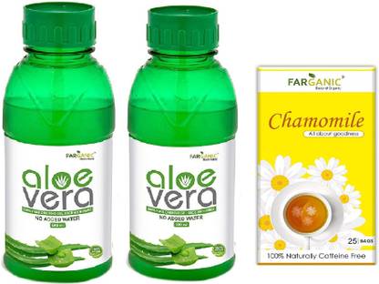 FARGANIC Buy Pack Of 2 Bottles Of Aloe Vera Juice 1000ml With Chamomile Green Tea 25 Tea Bags Combo