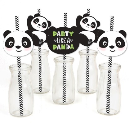 24 Pieces Panda Drinking Straws Reusable Panda Theme Straws Plastic Panda Drinking Straws for Birthday Party Bar Wedding Party Favors Supplies