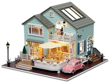 EG_ FM Wood Train Doll House Simulation House Model Decor Supplies Toy Gift Rel 