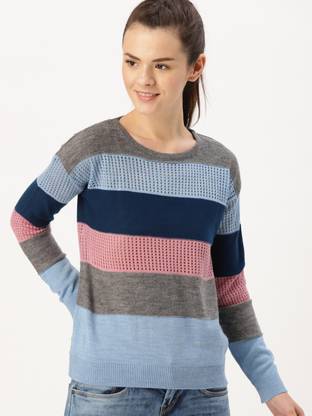 Dressberry Self Design Round Neck Casual Women Blue, Grey Sweater