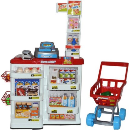 Multicolor Shopping Grocery Play Store Toy Set Childrens Supermarket Cash Register Dress up Toy Playset Christmas Birthday Gifts for Kids with Shopping Cart and Scanner 1-6 Years Old 