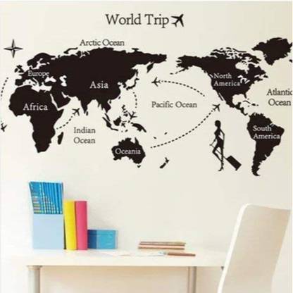 Golden Cart Large World Map Wall Sticker I Monochrome World Trip Map I Business Style Map
