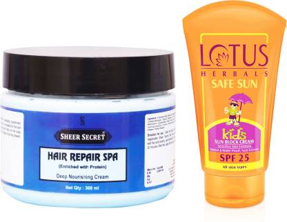 Sheer Secret Hair Spa 300ml and Lotus Kids Safe Sun Block Cream - SPF 25  100 gm Price in India - Buy Sheer Secret Hair Spa 300ml and Lotus Kids Safe  Sun
