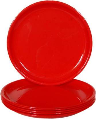 Bright Shop Pack of 6 Plastic Round Full Plastic Plates (Red) Dinner Plates Microwave Safe Dinner Set