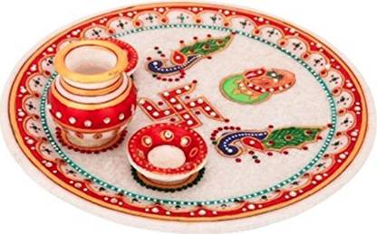 JC Crafts & Fabrics Marble Ganesh ji Peacock Painting Pooja Thali Set with Kalash and Diya Marble