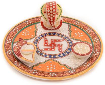 JC Crafts & Fabrics Ganesh ji Peacock Painting Pooja Thali Set With Kalash, Chopra and Diya Marble