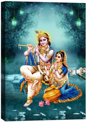 Art Amori Radha & Krishna Playing Flute Canvas Painting Digital Reprint
