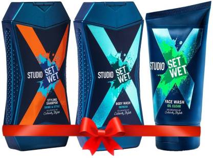 Set Wet Studio X Brightening Face Wash 100 ml, Cooling & Style Shampoo and Refresh Body Wash for Men 180 ml (Set of 3)