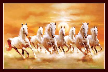 ''vastu Poster'' White 7 Horse vastu Painting, Wall Sticker, Wall