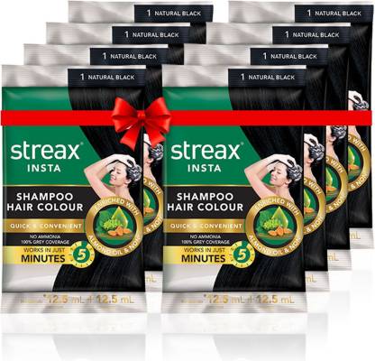 Streax Insta Shampoo Hair Colour-Natural Black(Pack of 8) , Natural Black -  Price in India, Buy Streax Insta Shampoo Hair Colour-Natural Black(Pack of  8) , Natural Black Online In India, Reviews, Ratings