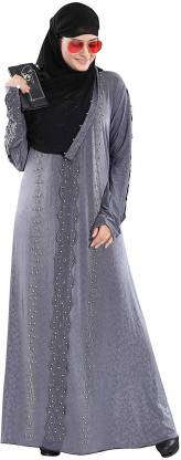 TUCUTE ® Women's Ready to Wear-Instant Velvet Embosed Lycra Abaya Burkha with Waist Belt/Scarf Hijab (GREY-DN-124) Lycra Blend Solid Abaya With Hijab