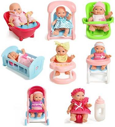 Mommy Me Doll Collection Set Of 8 Assorted 5 Mini Dolls High Chair Stroller Crib Car Seat Bath Potty Swing Set Of 8 Assorted 5 Mini Dolls High Chair Stroller