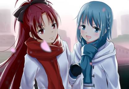 Athah Anime Puella Magi Madoka Magica Sayaka Miki Kyōko Sakura Girl Long Hair Short Hair Scarf