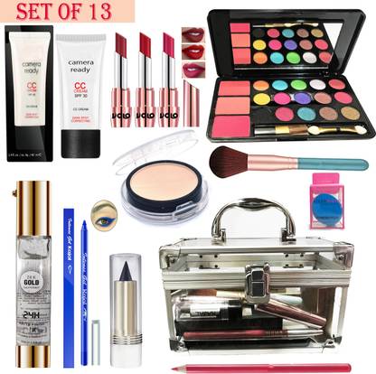 Volo All In One Makeup Kit 3 Lipstick 1 Eyeshadow 1 Cc Cream Compact Primer Gel Kajal Kajal Lip Liner 1 Makeup Brush 1 Makeup Puff 1 Multi Purpose Makeup Box Set Of 13 Pcs Maroon Price In India