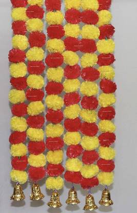 Sphinx Artificial Marigold Fluffy Flowers And Golden Hanging Bells Garlands Torans Wall Hangings For Decoration Approx 2 5 Ft Pack Of 6 Strings Yellow Red Toran Price In India Buy Sphinx Artificial Marigold