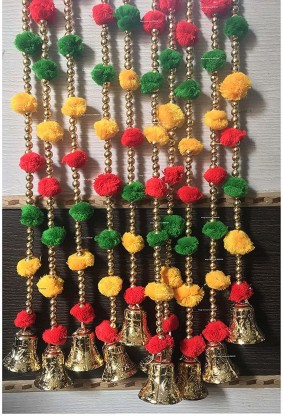Bohemian Interiors Gifting Decorations for home Wall Temple Bedroom kids room Size :-60 Approx Set of 4 strings Green Pom Pom Garlands with Bell Indian Traditional Door Hanging 