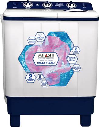 Best Semi-Automatic washing machine under 8000 Rs, best washing machine under 8000 rs Mitashi 6.5 kg Air Jet Dryer Semi Automatic Top Load White, Blue