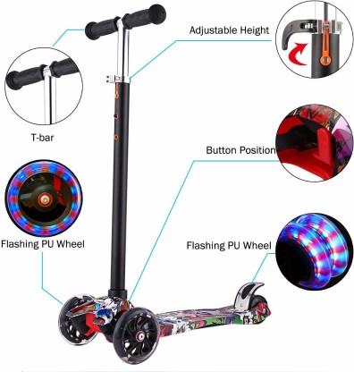 Hikole Scooter Kids Adjustable Height Handle Bars Graffiti Deck Kick Scooter Foldable Children with 3 Flashing PU Wheels Best Gifts for Boys Girls 