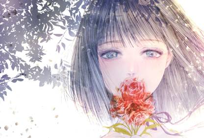 Athah Anime Original Girl Short Hair White Hair Blue Eyes Blush Flower Ribbon 13 19 Inches Wall Poster Matte Finish Paper Print Animation Cartoons Posters In India Buy Art Film