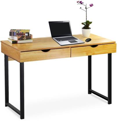 Rubber Wood Top Computer Laptop Desk, Modern White Writing Desk With Drawer Shelf Wood Top Metal Frame