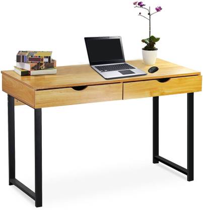 Lakdi Modern Contemporary Metal Frame Thick Rubber Wood Top Computer Laptop Desk With 2 Drawers Bavarian Beech Color Engineered Study Table In India Rubber Wood Top Computer Laptop Desk, Modern White Writing Desk With Drawer Shelf Wood Top Metal Frame