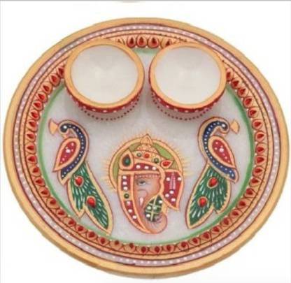 JC Crafts & Fabrics Marble Meenakari Work Ganesh Handpainted Pooja Thali Set Marble, Stoneware