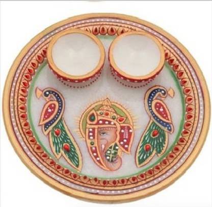 JC Crafts & Fabrics Marble Meenakari Work Ganesh Handpainted Pooja Thali Set Marble, Stoneware