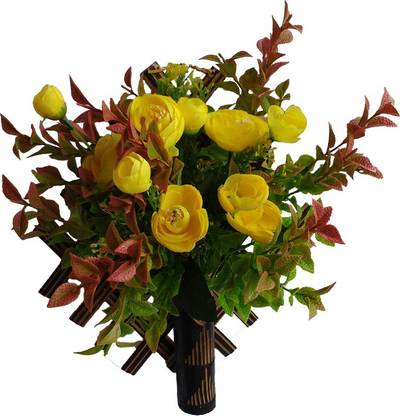 Tovick Two Bunches Of Mini Leaves And Single Bunch Of Yellow Rose Flowers Yellow Green Rose Artificial Flower With Pot Price In India Buy Tovick Two Bunches Of Mini Leaves And