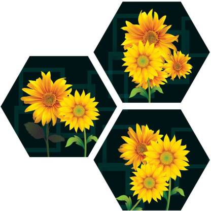 Art Amori Yellow Sunflower 3 Piece Haxagon MDF Painting Digital Reprint 17 inch x 17 inch Painting