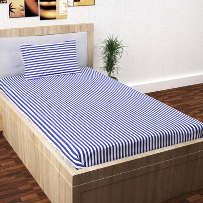 Story@home 208 TC Cotton Single Striped Bedsheet  (Pack of 1, Blue)