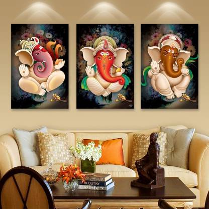 LEURO set of 3 Wall Art GANESH JI black background digital printed with  frame on Canvas Canvas Canvas 18 inch x 12 inch Painting Price in India -  Buy LEURO set of