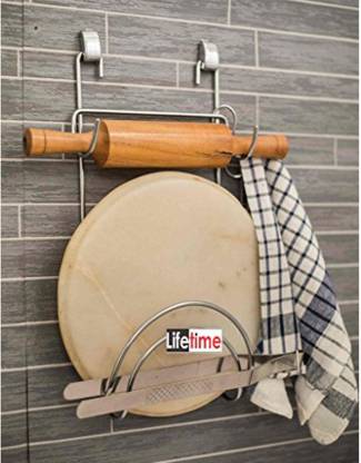 Lifetime Chakla Belan & Chimta Stand with Tong Holder Stainless Steel Wall Shelf