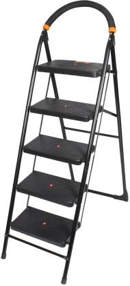Branco Premium Heavy Foldable Milano 5 Steps Ladder with Wide Steps & Anti-Skid Shoes – Black Steel Ladder (With Platform, Hand Rail) Steel, Plastic Ladder  (With Platform, Tool Tray)